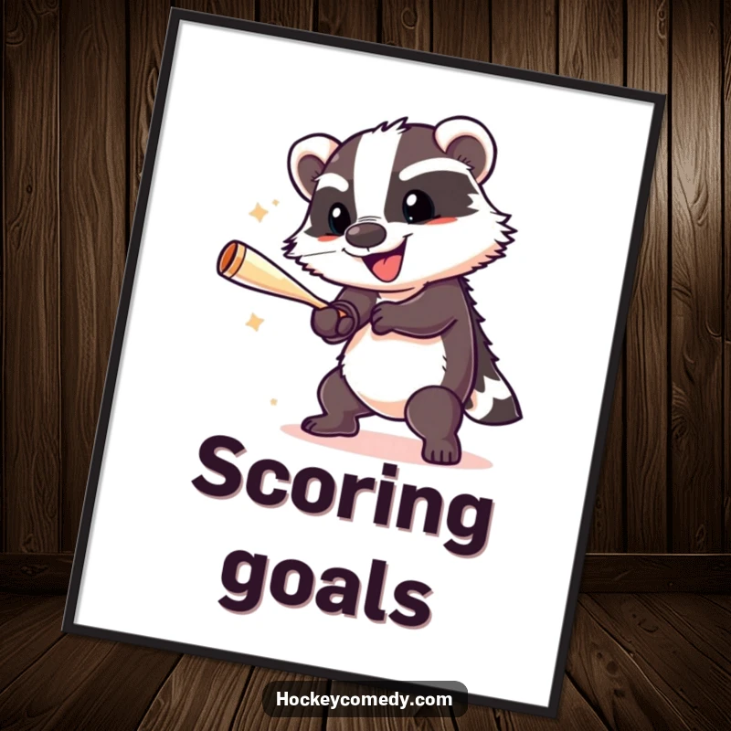 Funny badger in mid-slap shot, celebrating a powerful hockey move, on a humorous art poster.