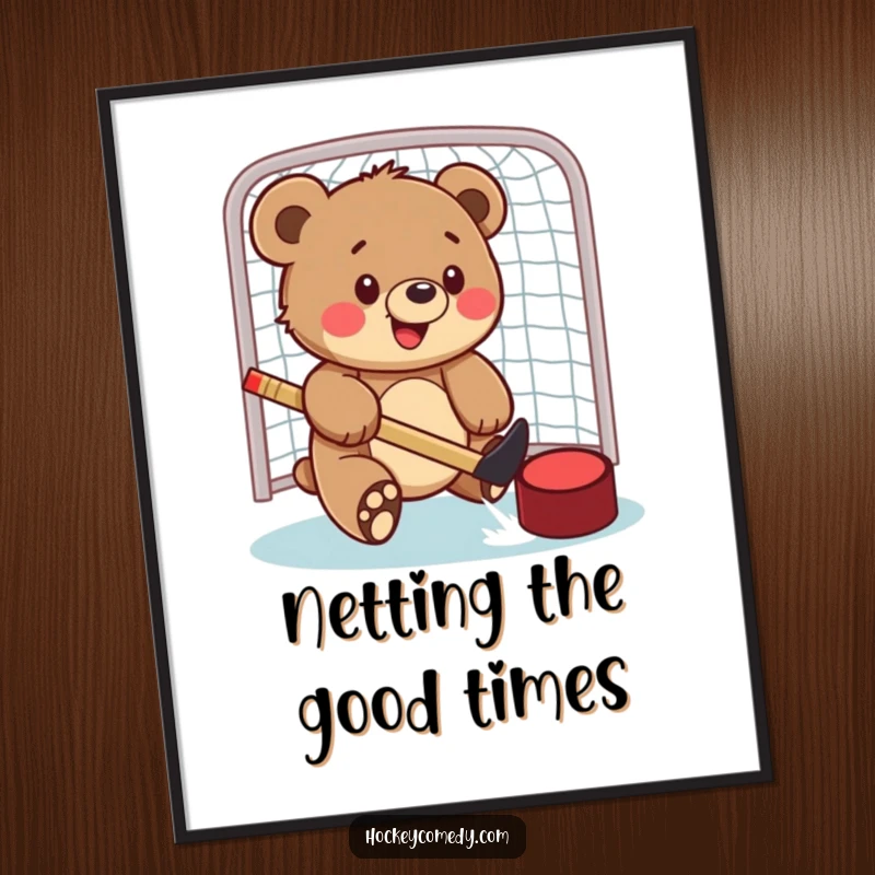 Funny poster of a bear cub joyfully swatting a hockey puck into a net, embodying the fun and excitement of the game.