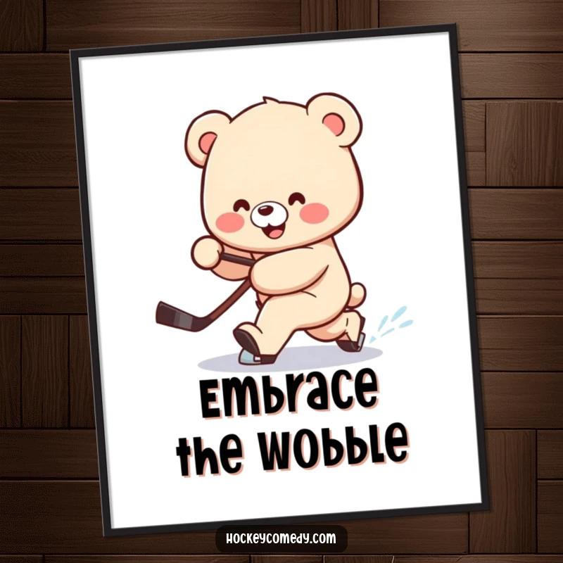 Funny poster print of a smiling bear attempting a clumsy hockey deke, stick trailing behind, showcasing humor.