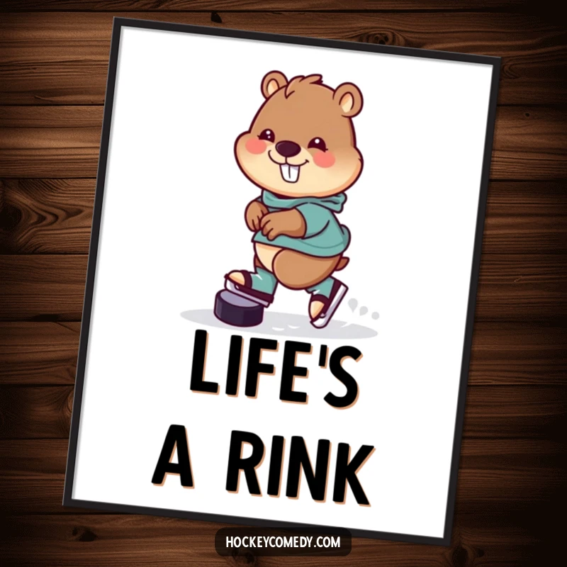 Funny Poster of a cheerful beaver expertly skating backwards with a hockey puck, creating a whimsical and amusing piece of wall art.