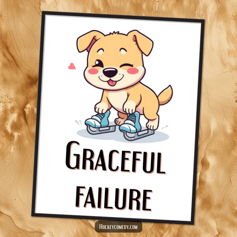 Funny dog character hilariously tripping over skates with a wink, vibrant poster.
