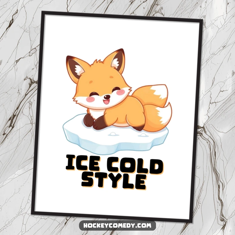 Funny fox belly slide poster, capturing a fox's smooth and happy glide across ice, ideal for winter decor.