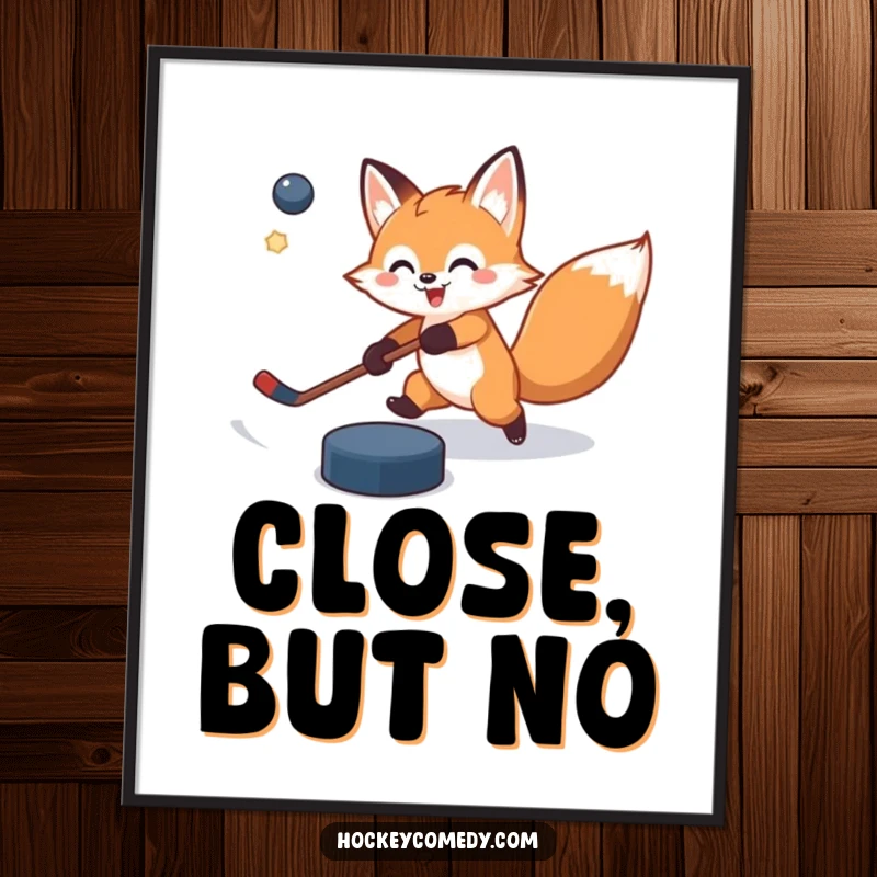 Funny poster print of a cheerful fox aiming a slap shot, with the hockey puck comically flying slightly off target, showing playful effort.