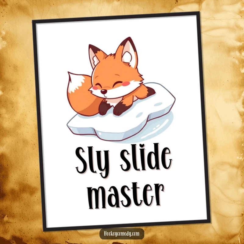 Funny determined fox sliding on its belly across ice, captured in a humorous winter-themed poster.