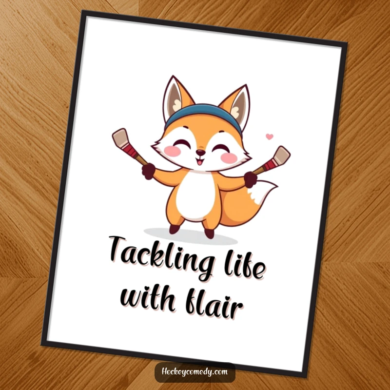 Funny poster of a sly fox masterfully juggling small hockey sticks, capturing a moment of playful skill and mischief.