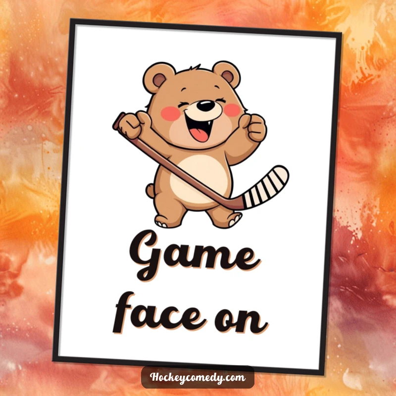 Funny poster art of a happy, roaring bear furiously swinging a hockey stick, capturing wild energy and playful spirit.
