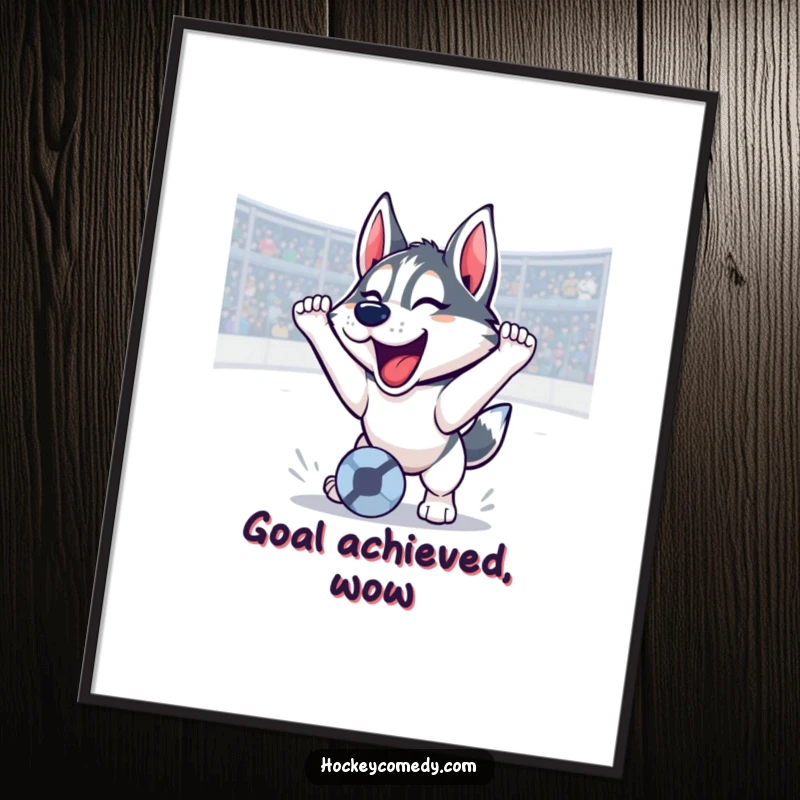 Funny husky poster illustration of a soccer goal with a triumphant roar, vibrant wall art, celebrating sports and dogs, a funny gift.