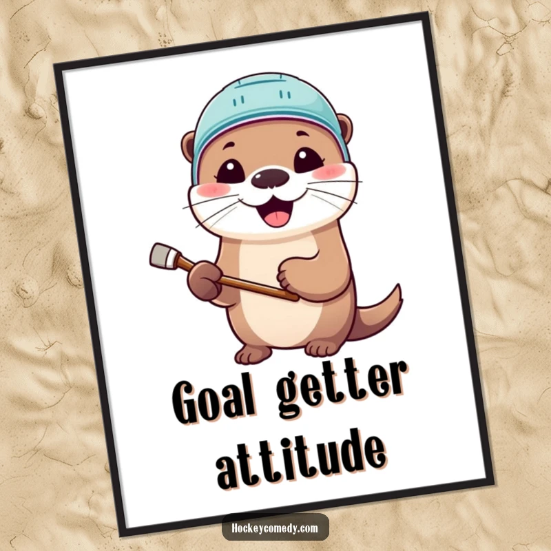 Funny poster print of a cute otter in a hockey helmet, stick in paw, with a wide, happy smile, ready for hockey.