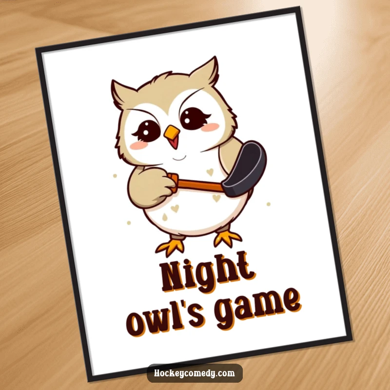 Funny Poster of a giggling owl humorously focused on catching a hockey puck, creating a whimsical and amusing wall decoration.