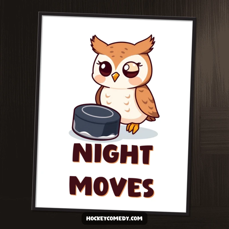 Funny owl in action, attempting to catch a hockey puck with its beak, creating humorous sports wall art.