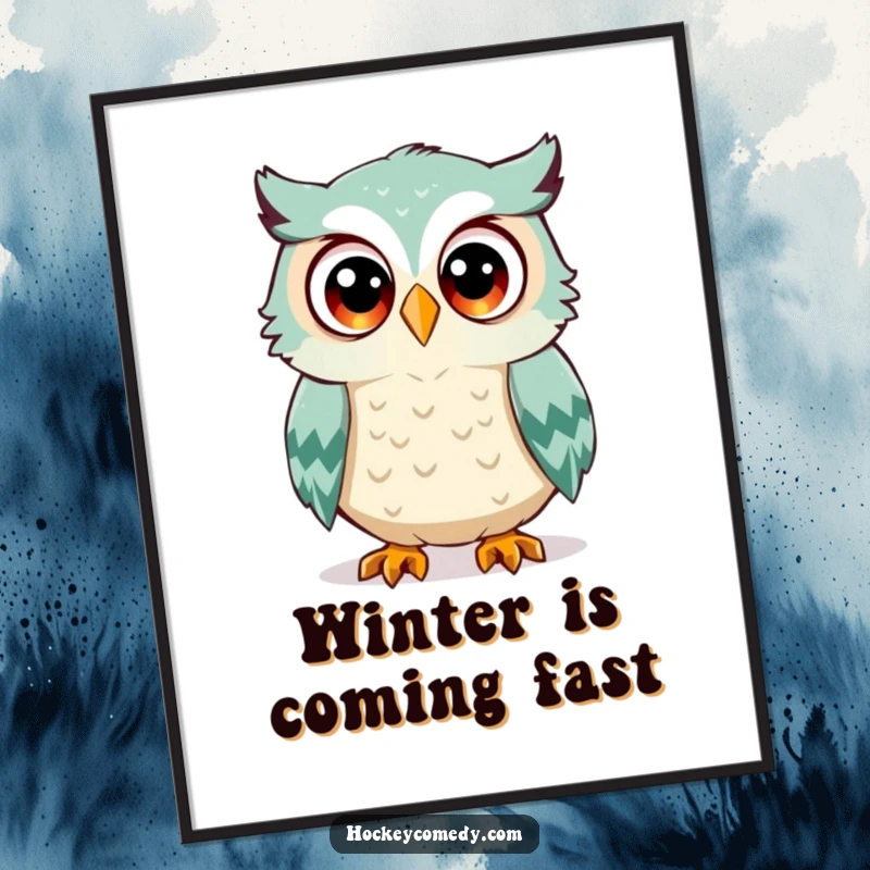 Funny owl poster, a surprised owl with wide eyes, about to be hit by a hockey puck, capturing a moment of shock, wall art gift.