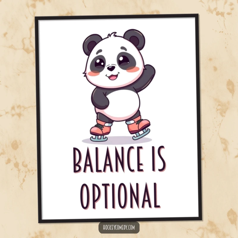 Funny poster of a smiling panda comically wobbling on oversized skates, balancing with great effort and a cheerful expression.