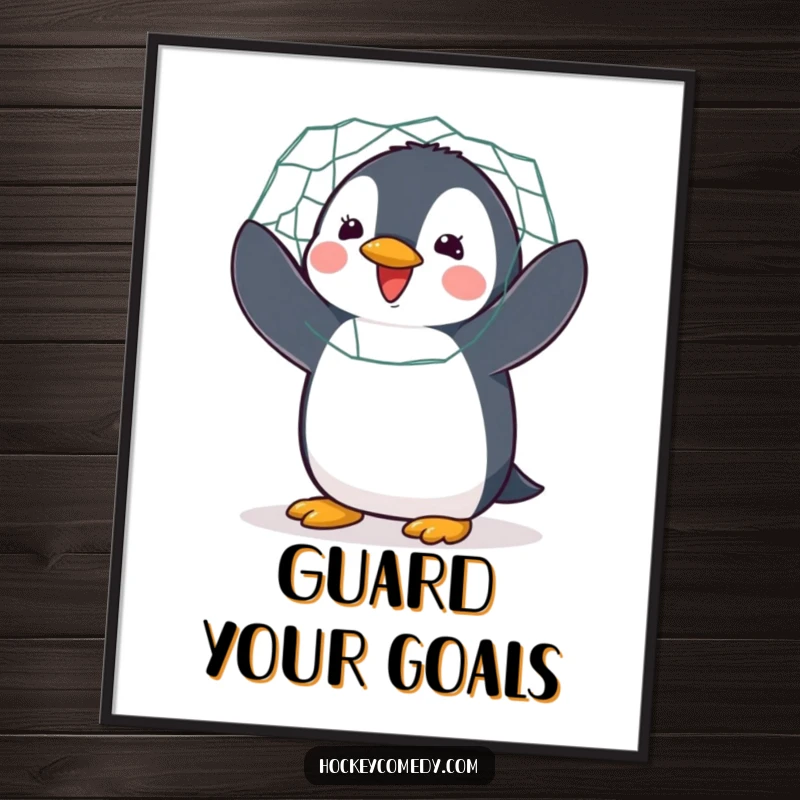 Funny poster print of a delighted penguin enthusiastically flapping its wings while guarding a hockey net.