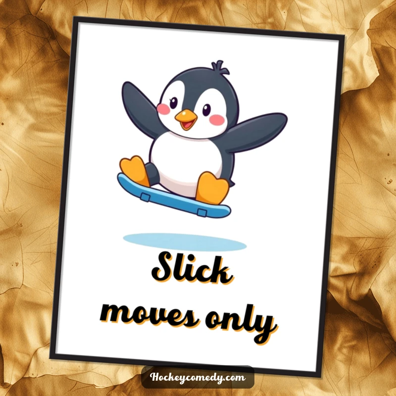 Funny Penguin Skater Poster: A penguin dramatically performing a fancy skate move, adding dynamic flair.
