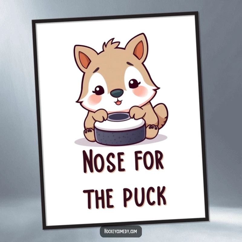 Funny poster print of an animal adorably nudging a hockey puck with its nose, celebrating gentle play.