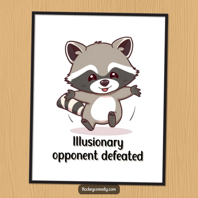 Funny poster showcasing a dynamic raccoon humorously sliding headfirst, capturing its energetic and comical pursuit of imaginary fun.