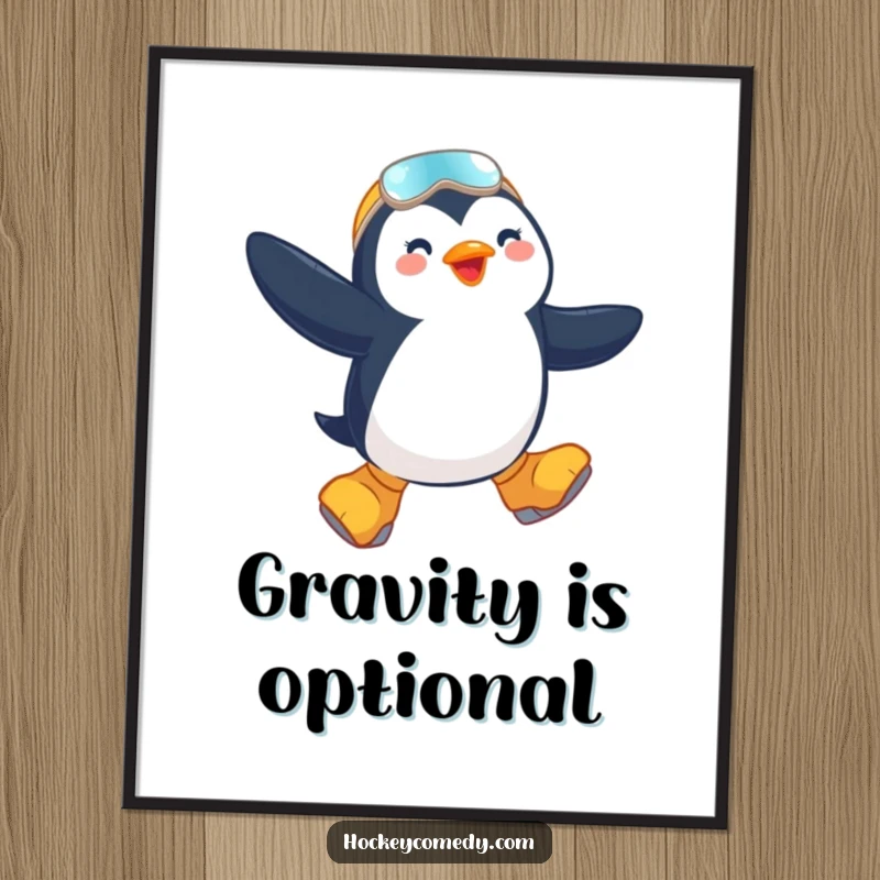Funny poster of a penguin gleefully performing a mid-air jump on oversized skates, capturing the essence of winter sports fun.