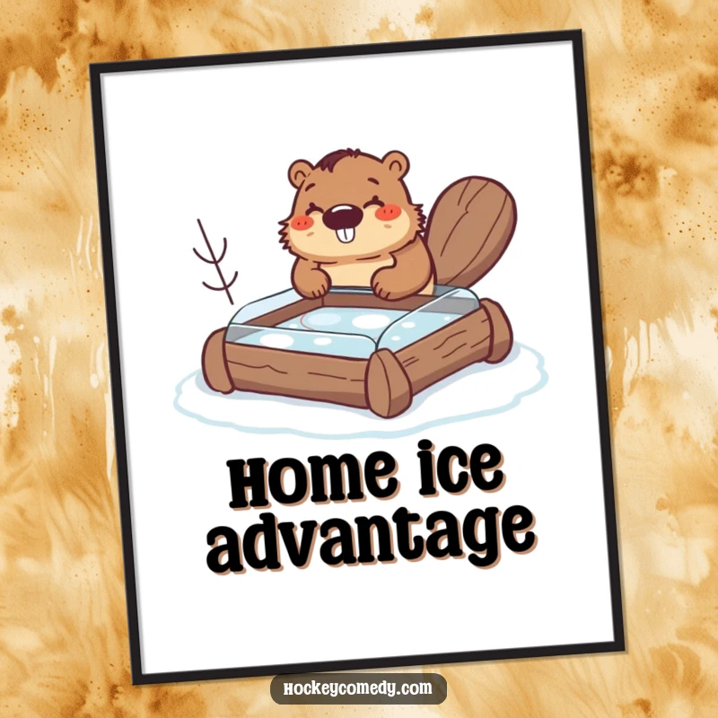 Funny beaver poster, a happy beaver constructing a small hockey rink from logs, conveying industriousness and humor, wall art gift.