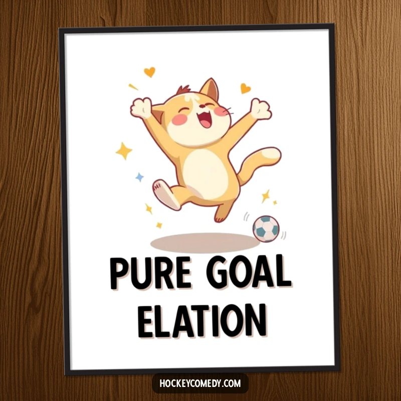 Funny poster illustrating an energetic animal performing ecstatic leaps while celebrating a goal, a vibrant piece of art.