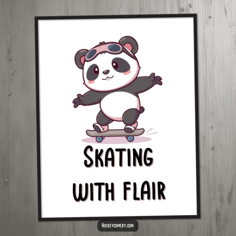 Funny playful panda attempting to skate with wobbly legs on a humorous, beginner-themed poster.