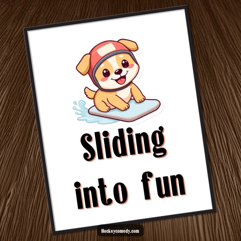 Funny poster: A cute dog in a miniature hockey helmet is captured mid-slide on ice, radiating happiness and playful charm.
