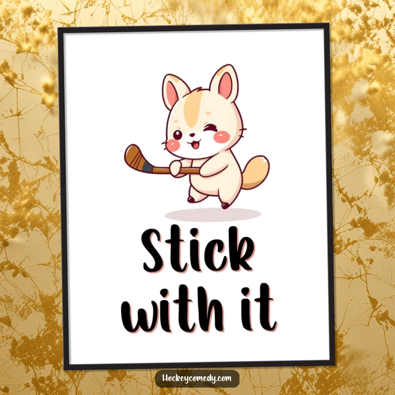 Funny animal hockey poster depicting a small animal cheerfully swinging a miniature hockey stick, radiating sporty joy. Excellent funny gift.