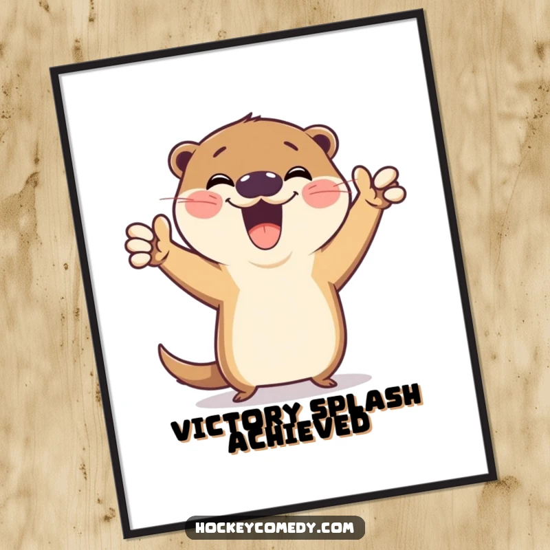 Funny poster of a gleeful otter striking an exaggerated victory pose after scoring a goal, radiating pure happiness and comical celebration.