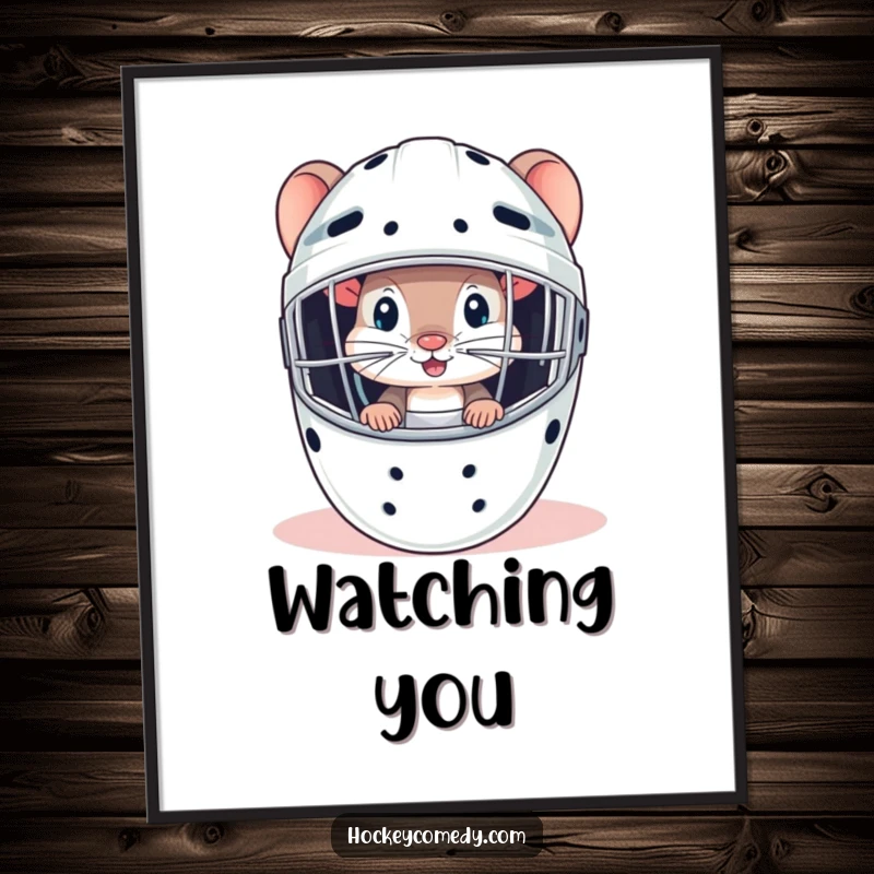 Funny mouse peeking from behind a goalie mask, creating a humorous and stealthy scene on a poster.
