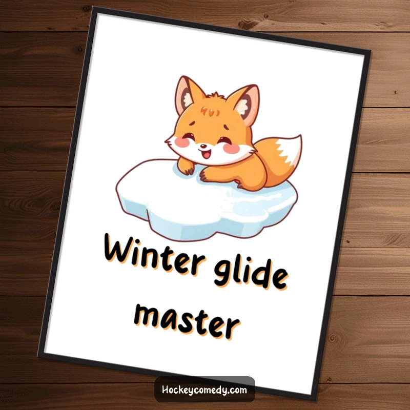 Funny poster capturing a fox gleefully sliding on its belly across ice, radiating happiness and the spirit of winter.