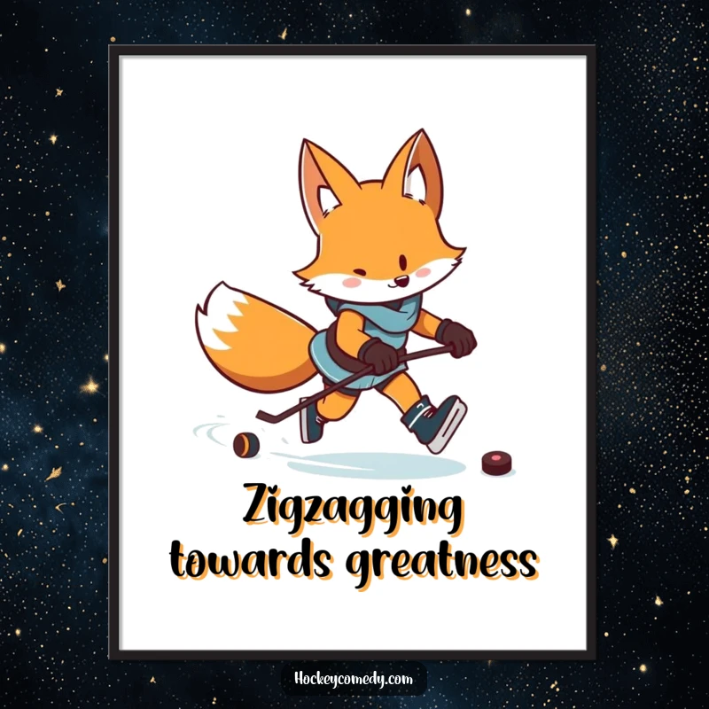 Funny poster print of a determined fox skating with a puck, leaving an excited zigzag trail, full of motion.