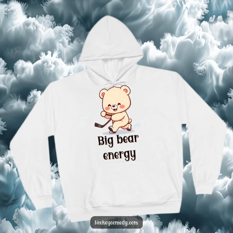 Funny hoodie showing a smiling bear trying a clumsy hockey deke, with its stick lagging behind.