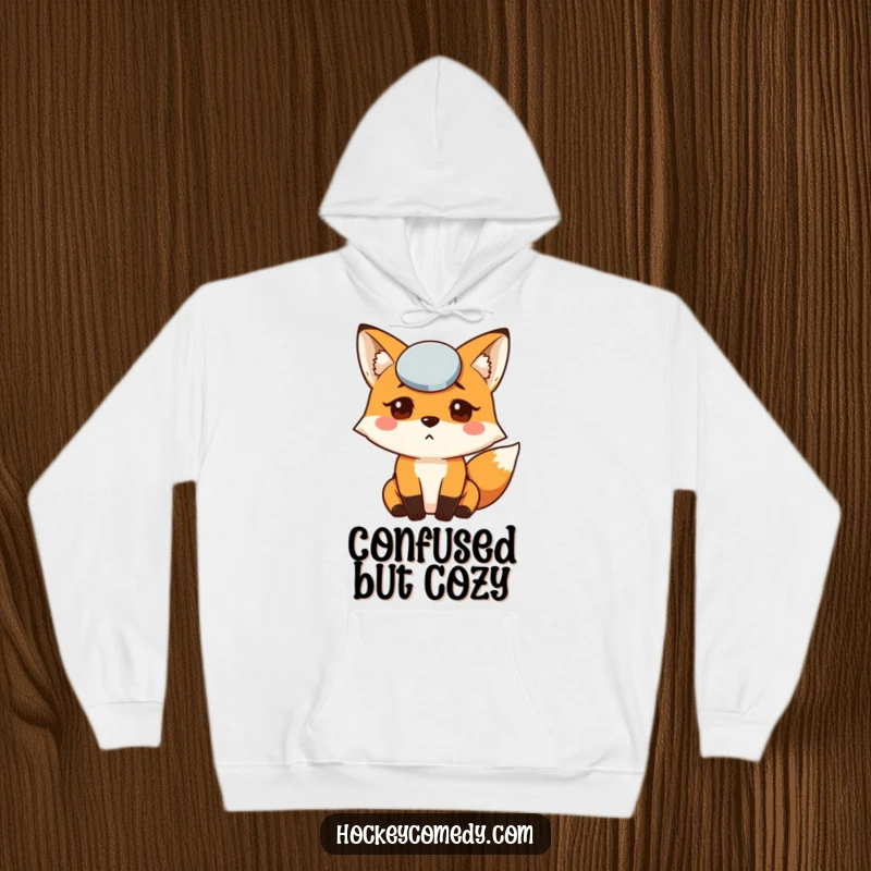 Funny Fox Puck Hoodie featuring a confused fox with a hockey puck on its head, ideal for staying warm and amused.