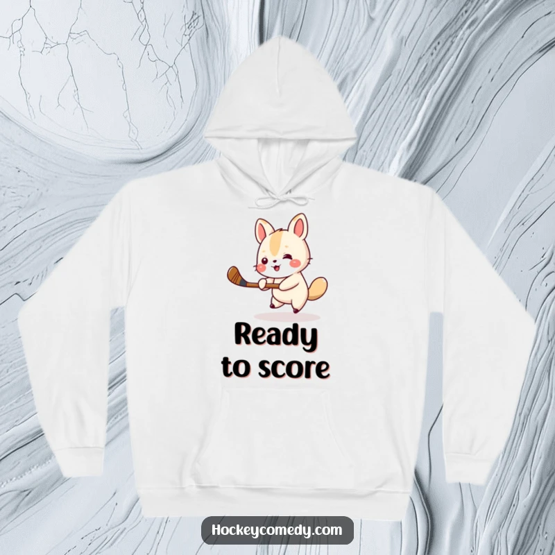 Funny animal hockey hoodie featuring a small animal cheerfully swinging a miniature hockey stick, offering warm comfort and sporty fun. Perfect funny gift.