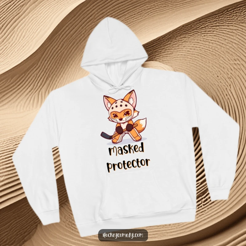 Funny fox hoodie with a determined fox wearing a goalie mask, ready to block shots, offering warmth and protection.