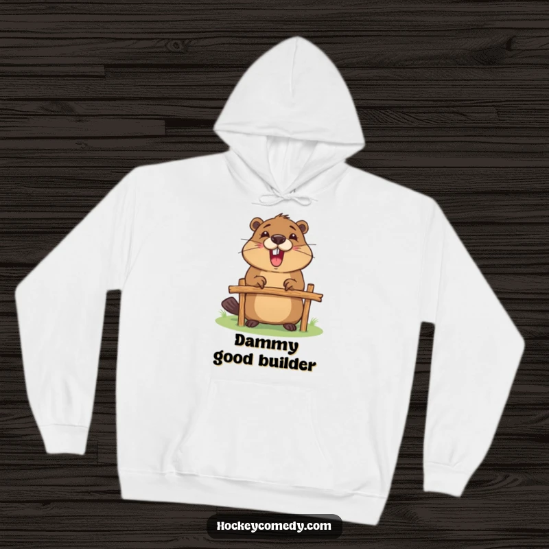 Funny hoodie featuring an energetic beaver busy constructing a tiny goalpost, ideal for DIY enthusiasts and sports fans.