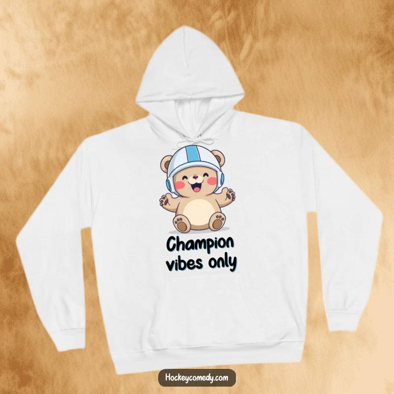 Funny Bear Goal Hoodie featuring a happy bear in a helmet celebrating a goal, ideal for sports fans and comfort.