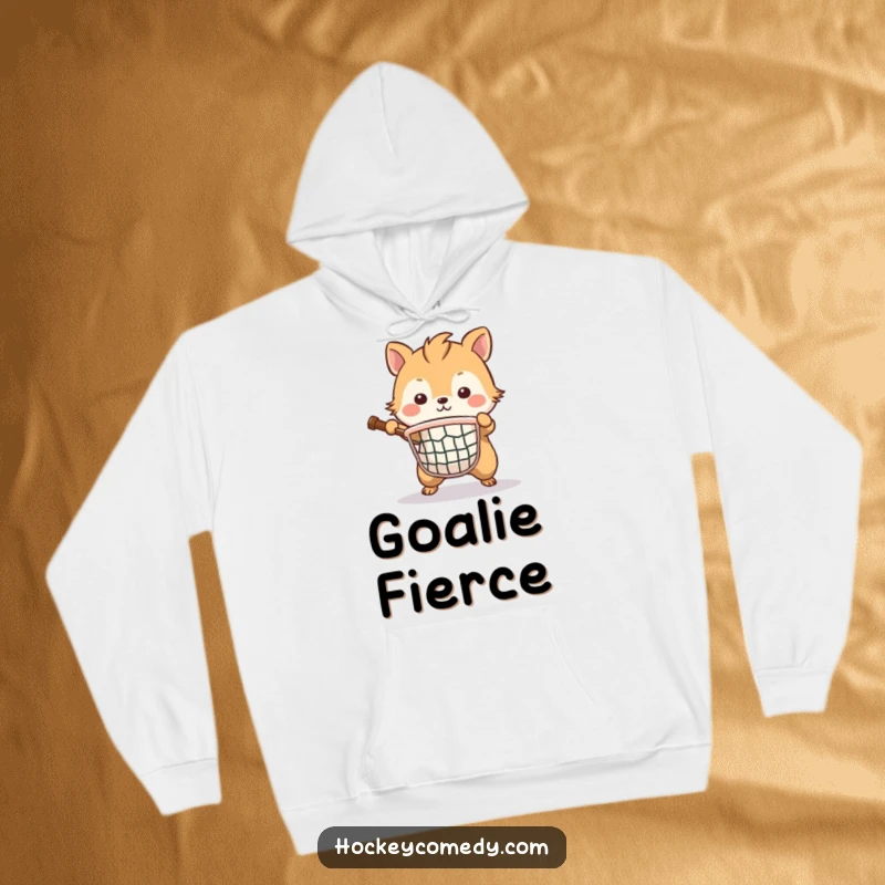 Funny hoodie showing a brave animal as a formidable goalie, resolutely protecting a small net with fierce focus.