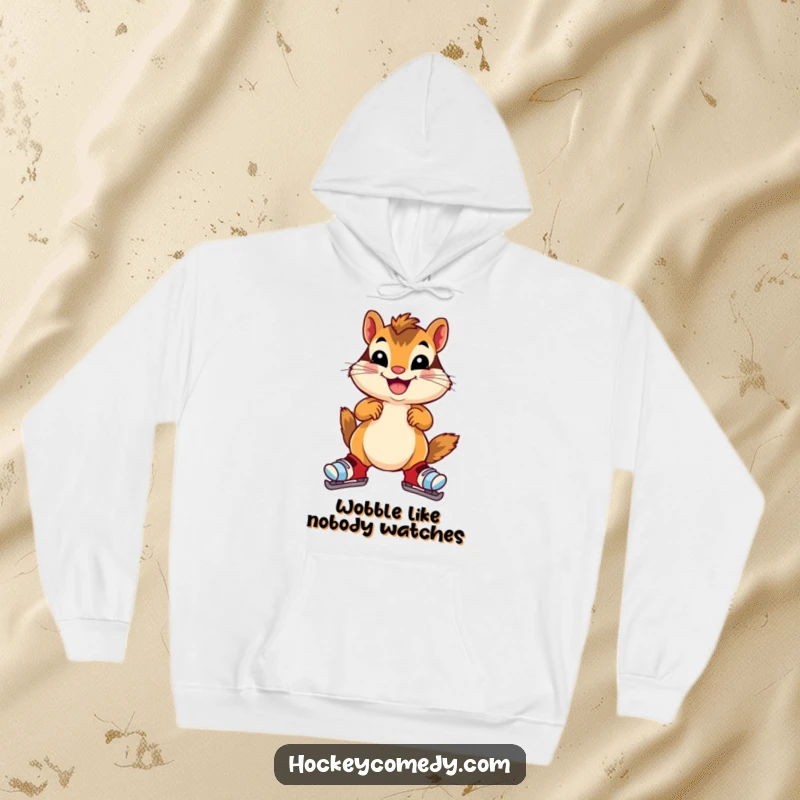 Funny chipmunk hoodie, a cheerful chipmunk wearing oversized skates, wobbling gleefully, perfect for winter comfort and humor, great gift.