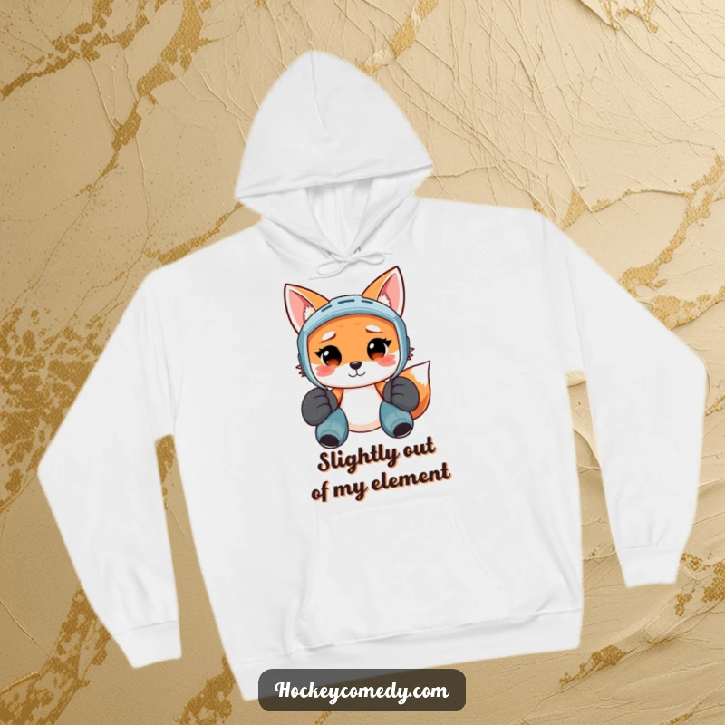 Funny hoodie featuring a smiling fox sporting oversized hockey pads, appearing comically confused and unprepared for the game.
