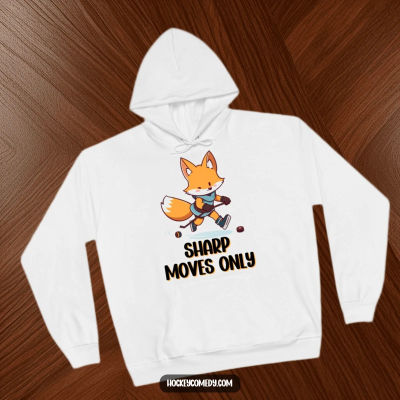 Funny hoodie depicting a determined fox on skates with a puck, creating a trail of excited zigzags.
