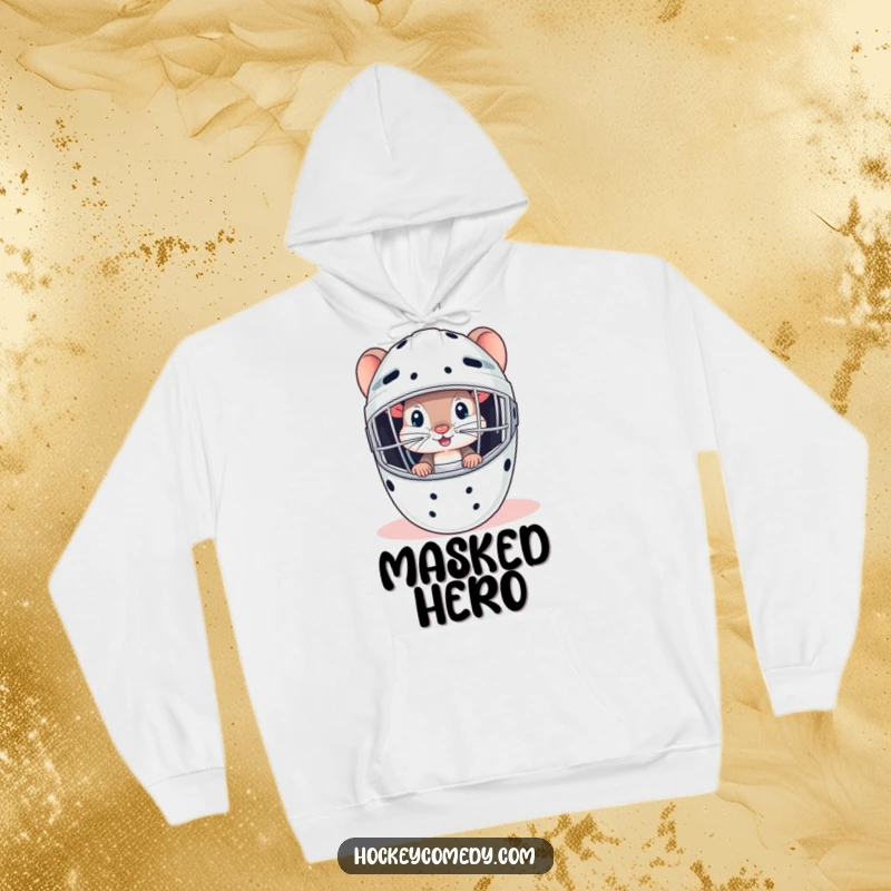 Funny mouse in a cozy hoodie, peeking from a goalie mask, perfect for curious hockey fans.