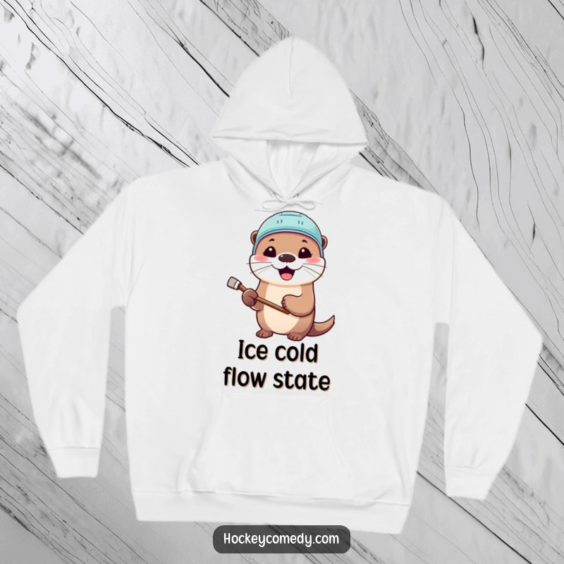 Funny hoodie showcasing a happy otter in a small hockey helmet with a stick, embodying pure hockey joy.
