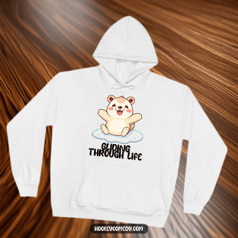 Funny happy animal arms spread wide on a cozy hoodie, joyfully ice skating, a delightful winter design.