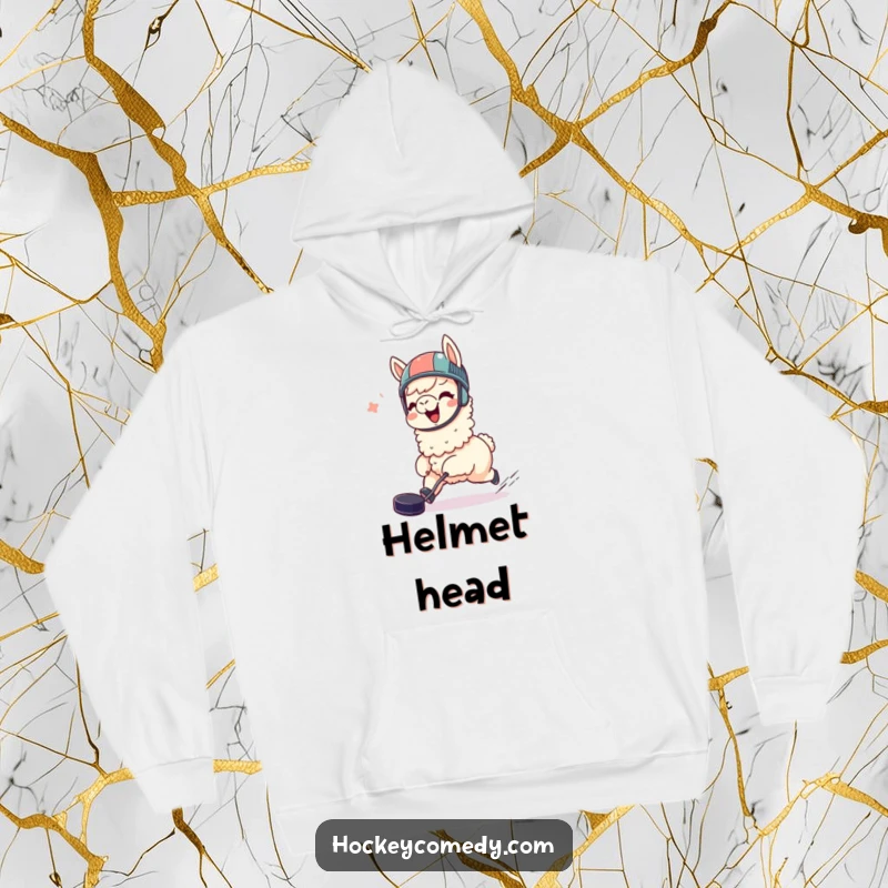 Funny llama hoodie, giggling, wearing a helmet, joyfully chasing a hockey puck, great for comfort and as a humorous gift.