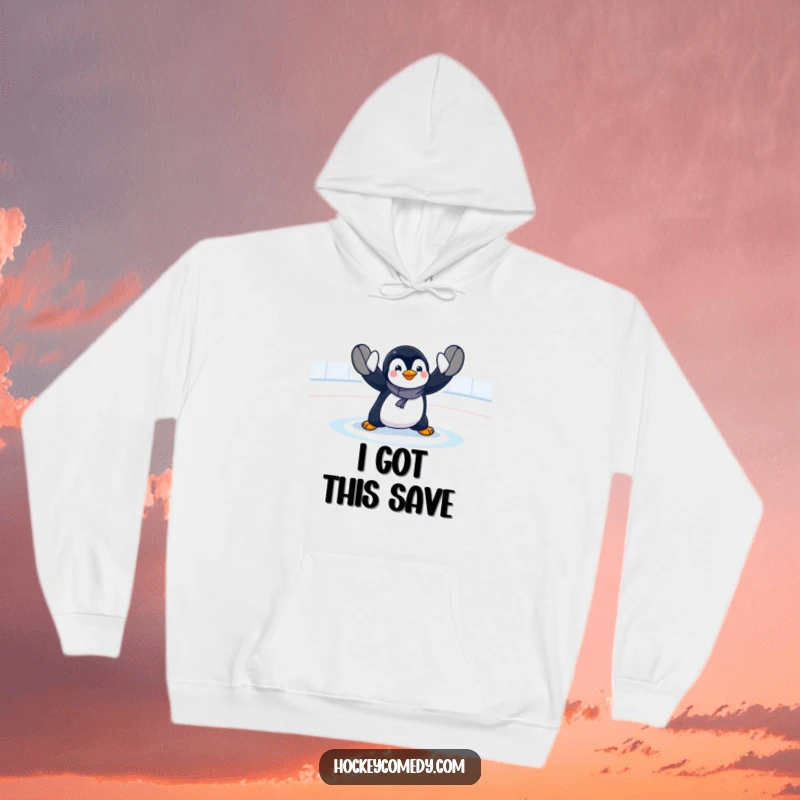 Funny penguin goalie hoodie illustrating a dramatic, over-the-top save with flippers in motion, a comical depiction of sports enthusiasm.