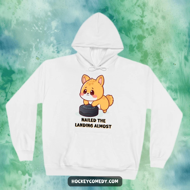 Funny hoodie depicting a cute animal with a surprised expression, tripping slightly over a hockey puck, symbolizing playful mishap.