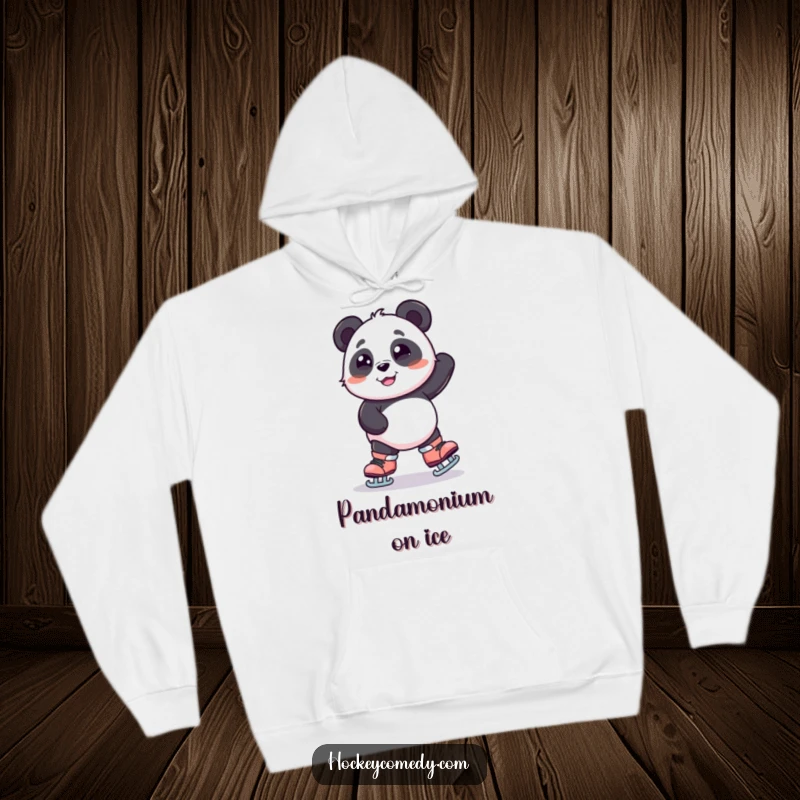 Funny hoodie featuring a smiling panda wearing oversized skates, humorously wobbling and balancing, perfect for cozy, comical wear.