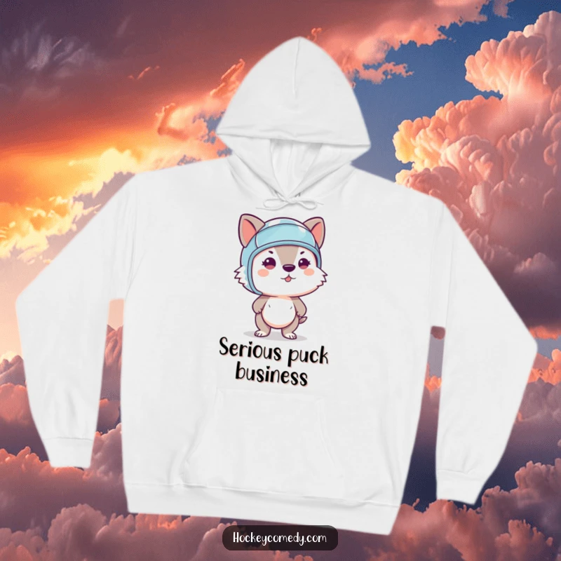 Funny hoodie featuring a determined animal wearing a mini helmet, captured mid-slapshot, symbolizing power and focus.