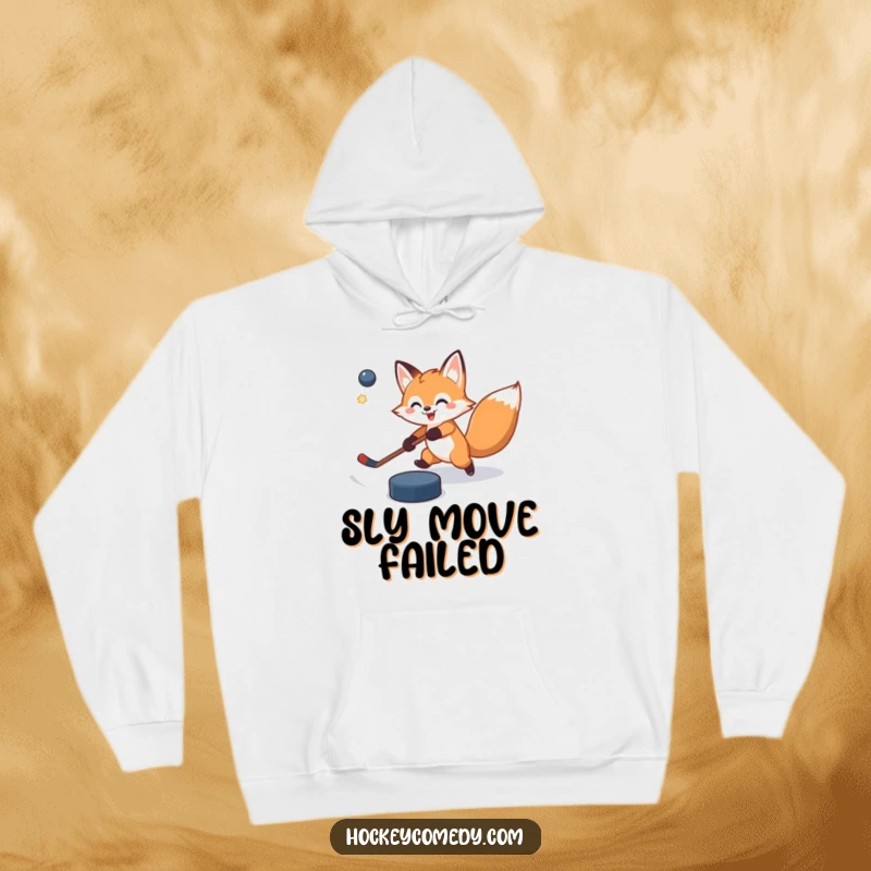 Funny hoodie featuring a cheerful fox in the middle of a slap shot, puck veering slightly off target, perfect for cozy, humorous wear.