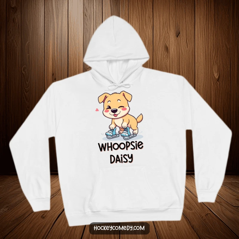 Funny dog character comically falling off roller skates with a wink, cozy hoodie.